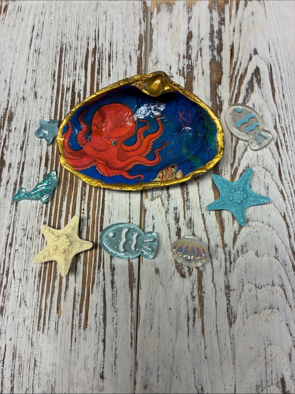 Hand Crafted Decoupage Shell Trinket Dish & Coastal Magnet Bundle Octopus
